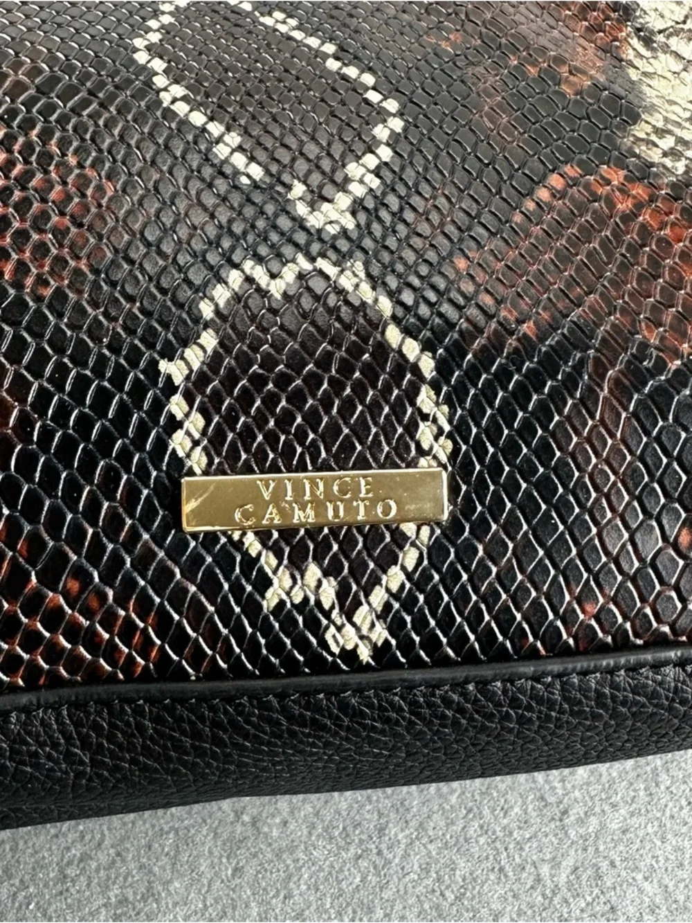 Vince Camuto Emely Snake Embossed Leather Tote Handbag Brown Black Cream Large